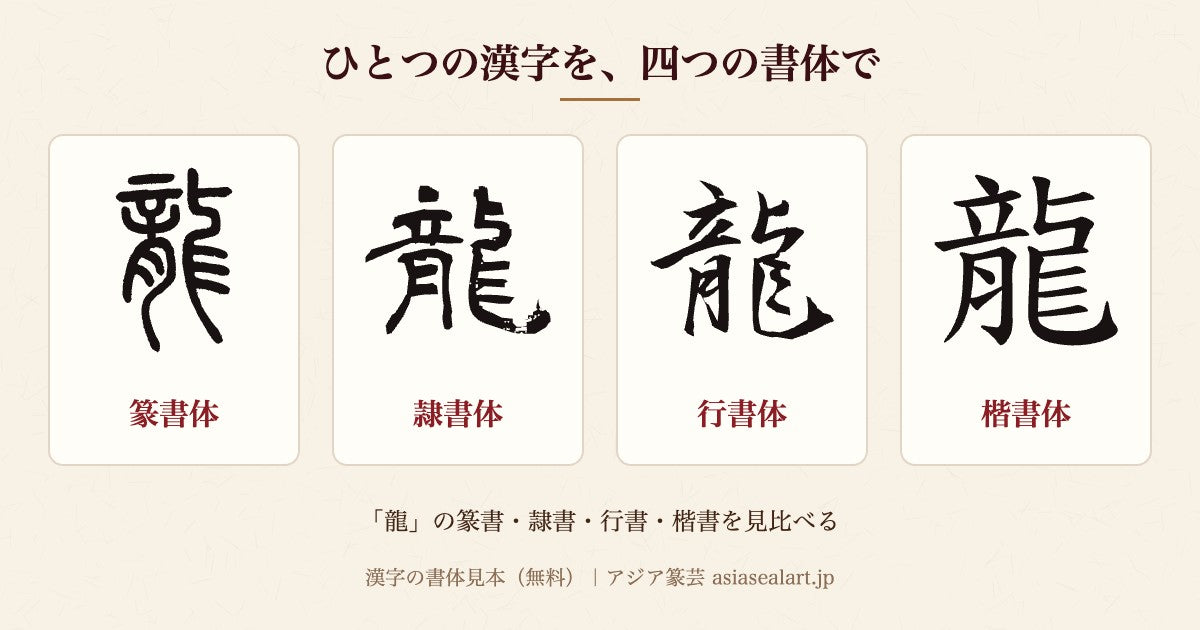 「龍」の篆書体・隷書体・行書体・楷書体を並べた書体見本
